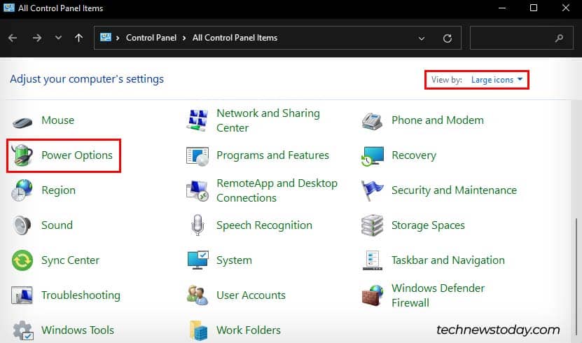 control panel power options