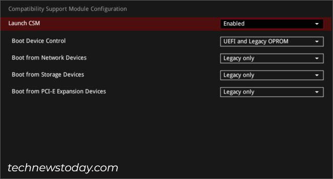 csm enabled additional boot options