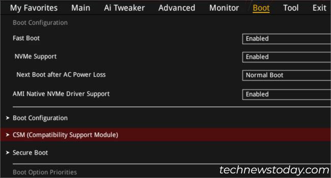 csm option in boot menu asus