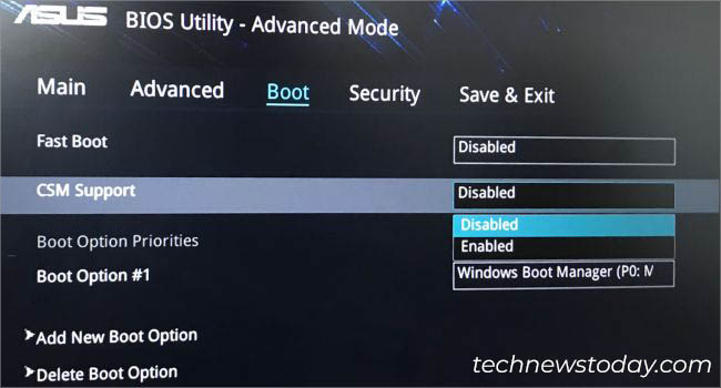 csm support enable after secure boot enable asus