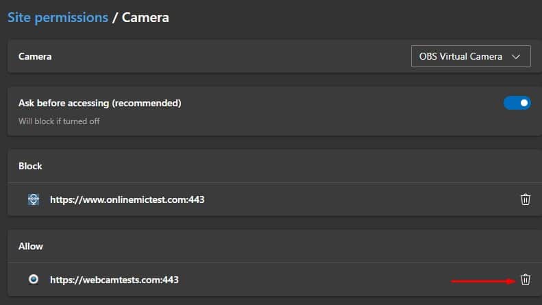 delete site access from camera