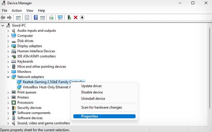 device manager network adapter properties