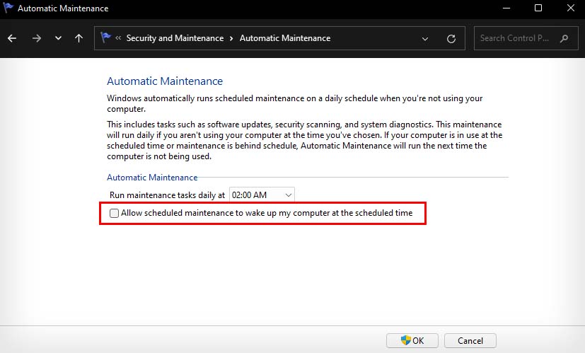 disable allow scheduled maintenance to wake up from computer from sleep