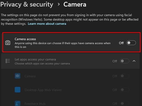 disable camera access laptop os