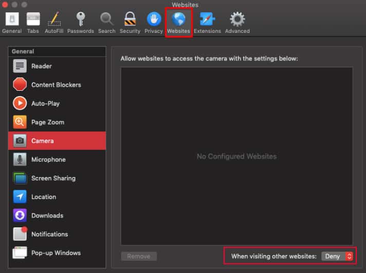 disable camera access on safari macos