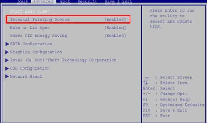 disable internal pointing device