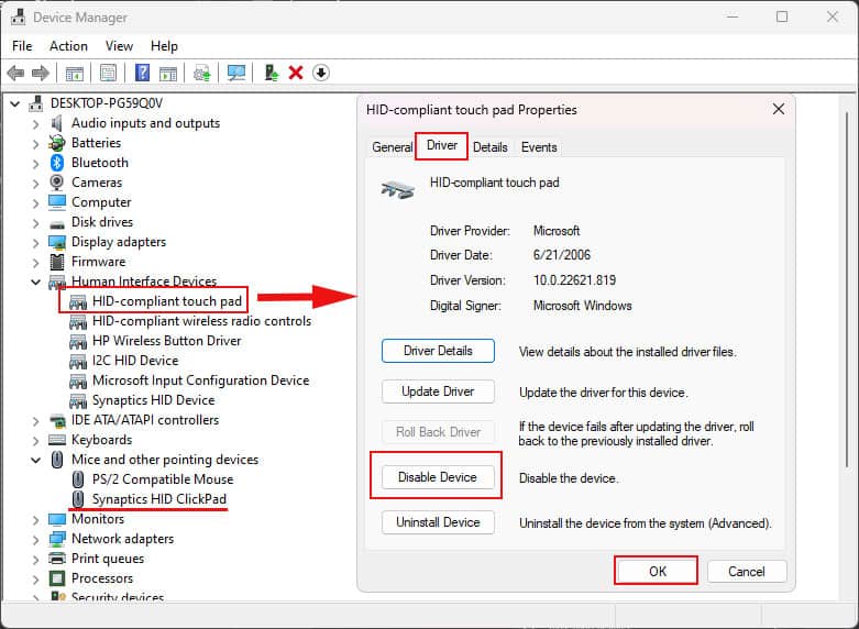 disable touchpad driver hp laptop