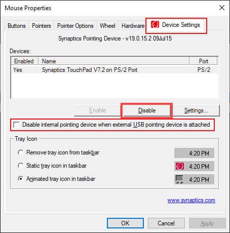 disable touchpad from mouse settings on hp laptop