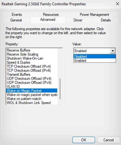 disable wake on magic packet