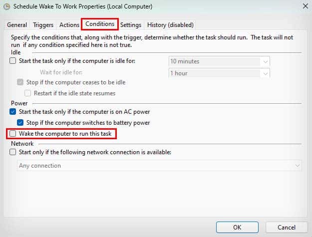 disable wake the computer to run this task
