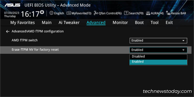 erase ftpm nv for factory reset