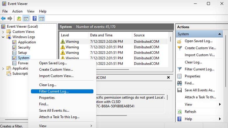 event viewer filter current logs