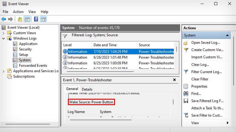 event viewer wake source