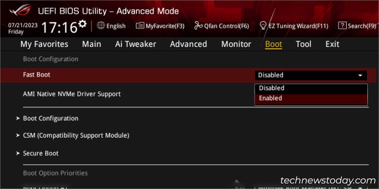 fast boot options enabled and disabled