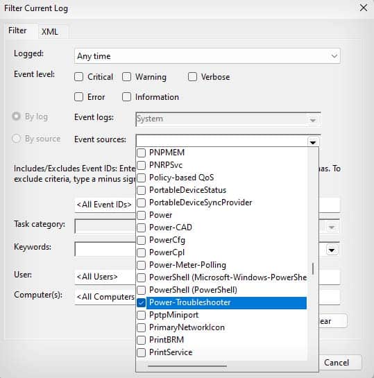 filter current logs power troubleshooter