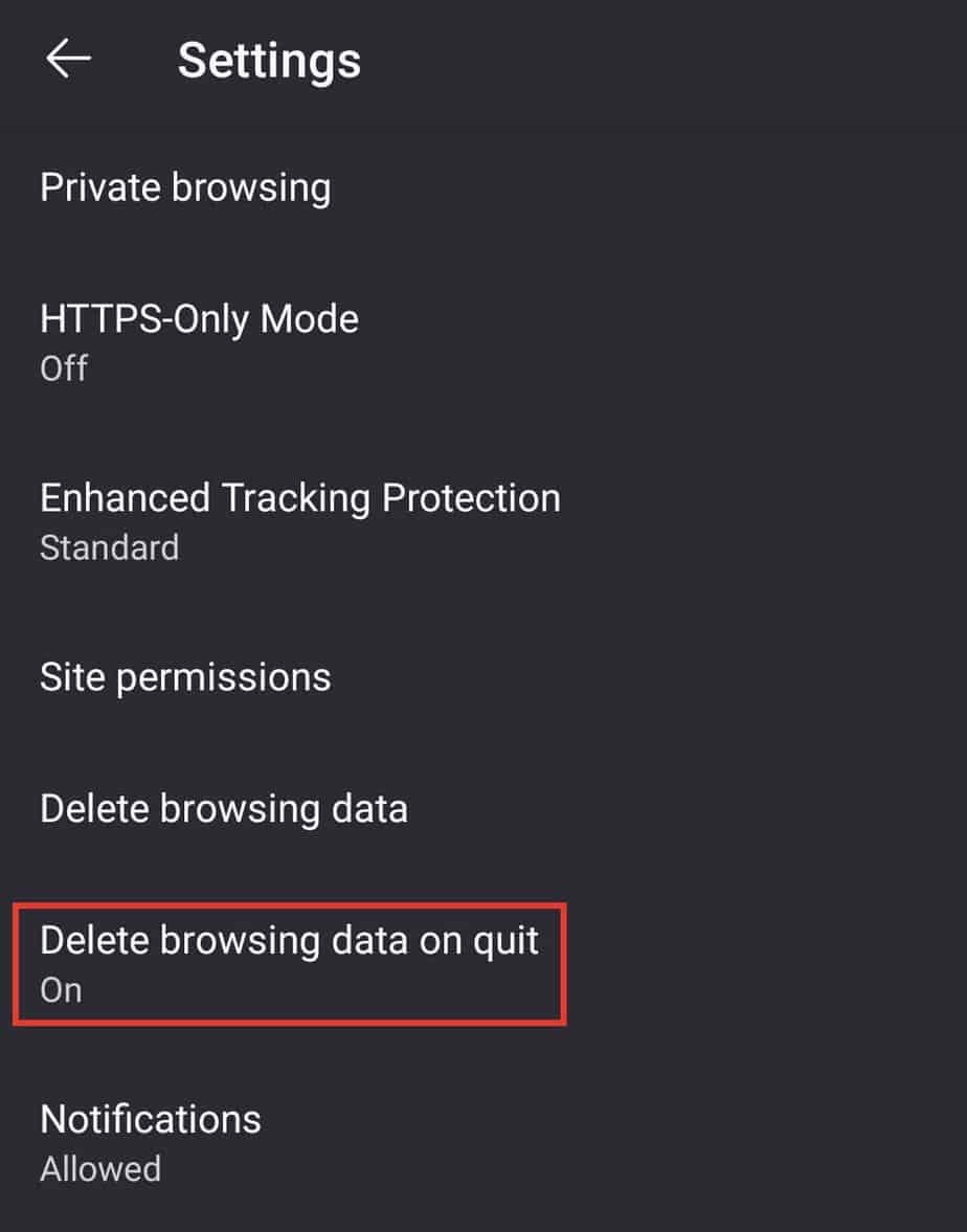 firefox delete browsing data on quit