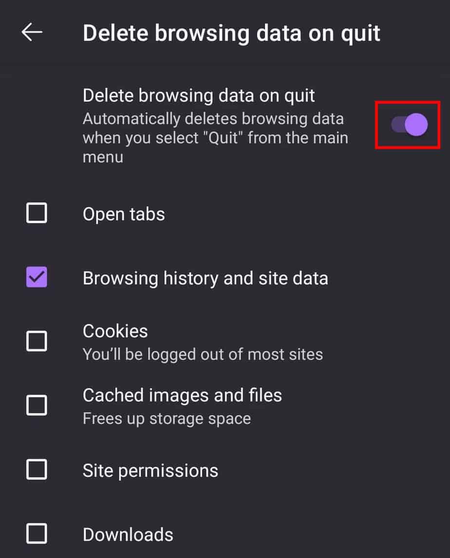 firefox enable delete browsing data on quit