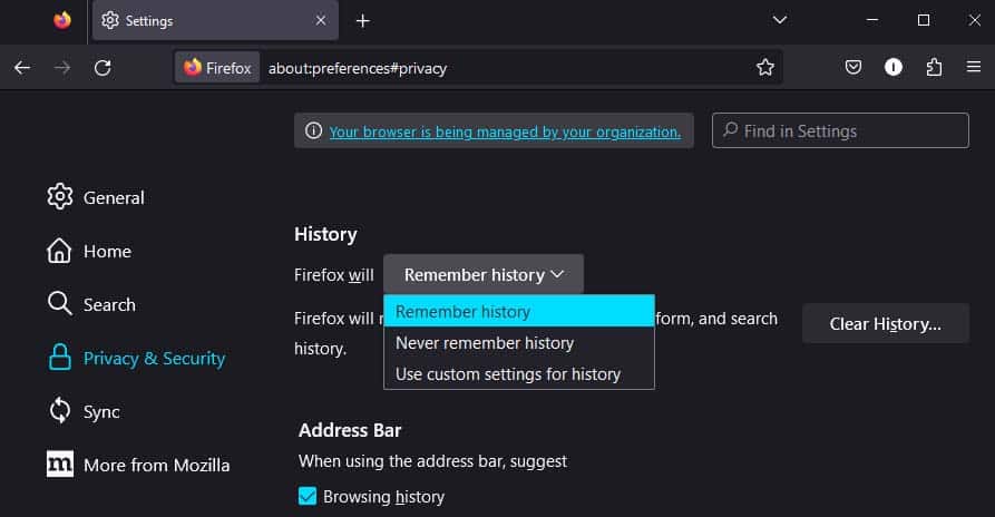 firefox history settings