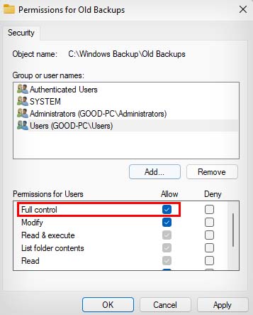 folder full control to user