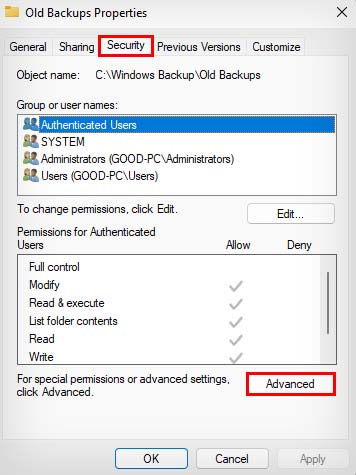 folder properties security advanced