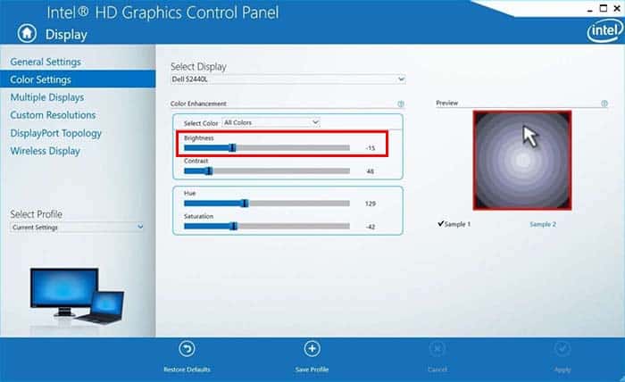 intel graphics control panel brightness