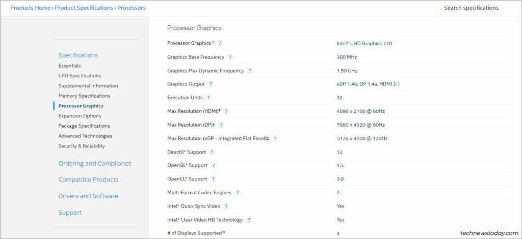 intel processor specifications graphics