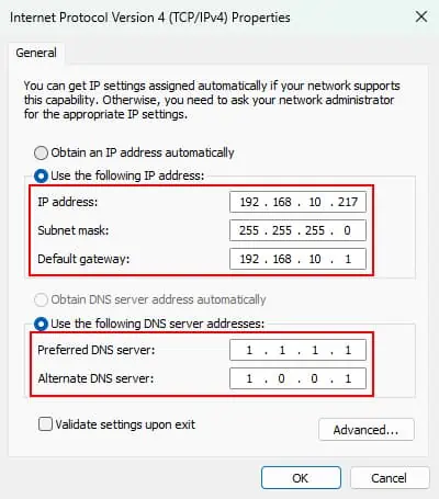 8 Ways to Fix Default Gateway is Not Available on Windows 15 internet-protocol-version-4-use-following-ip-and-dns-server-address-cloudflare