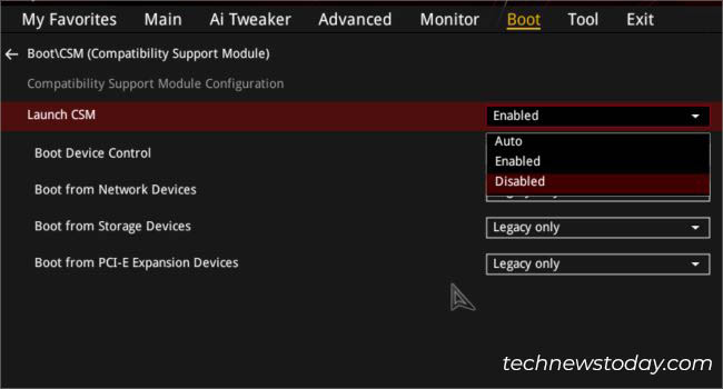 launch csm asus option