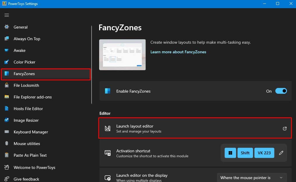 launch layout editor fancyzone surface laptop
