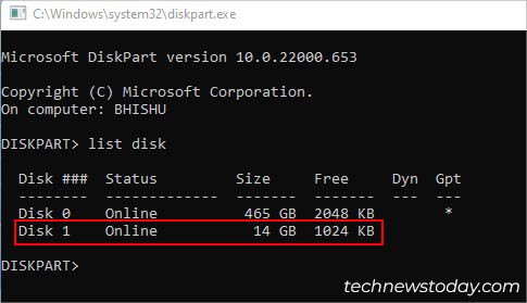 list disk diskpart