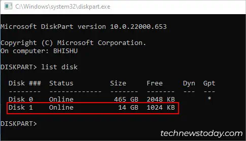 list-disk-diskpart