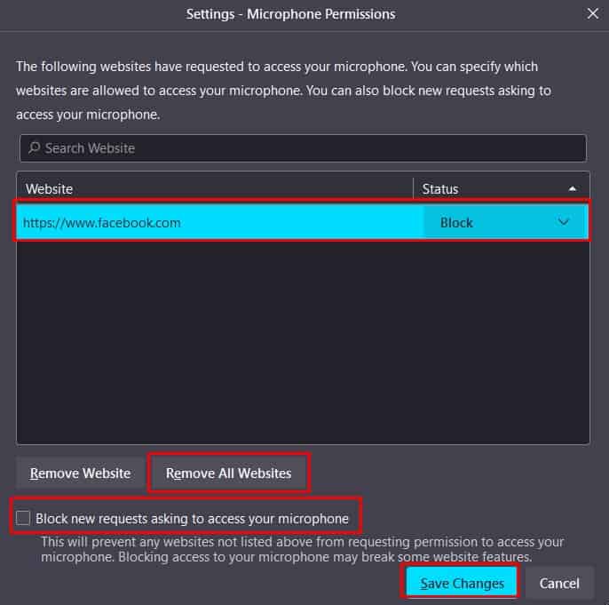 microphone acces block firefox