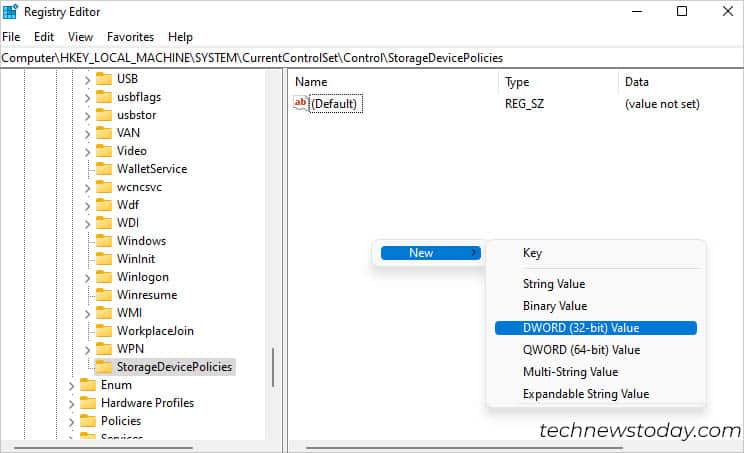 new dword storagedevicepolicies