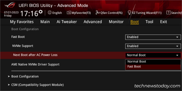 next boot after ac power loss in asus bios