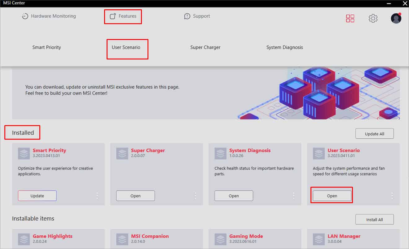 open user scenario in msi center