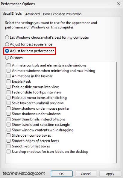 performance options adjust for best performance