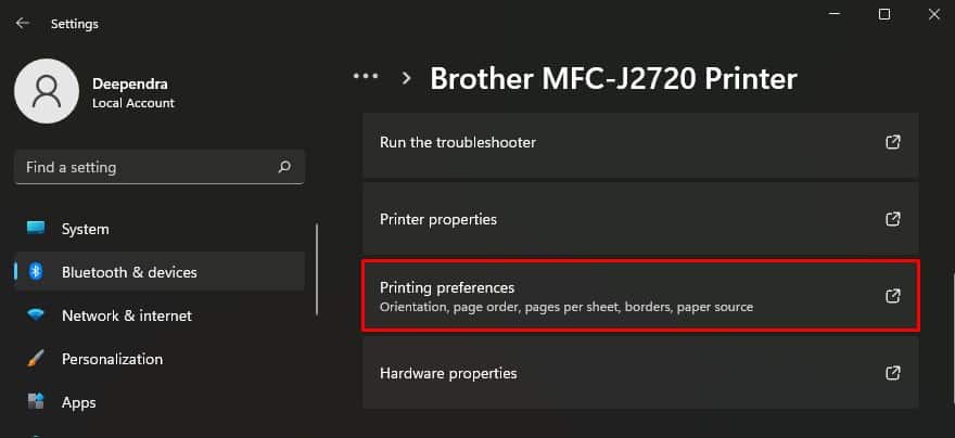 printing preference of brother printer in settings