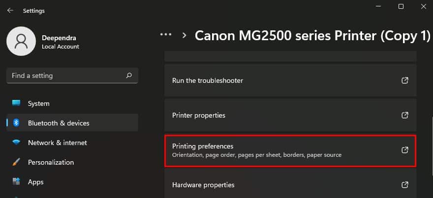 printing preference of canon printer