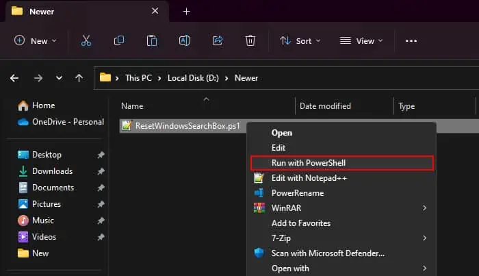 Search Not Working in Windows? Try These 6 Fixes 13 resetwindowssearchbox-ps1-run-with-powershell
