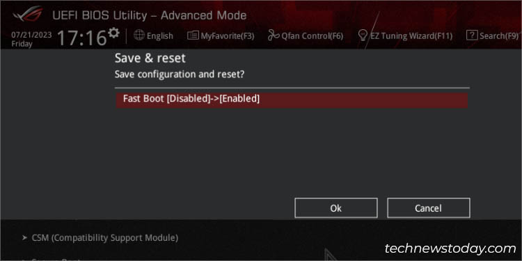 save and reset fast boot config