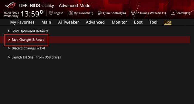 save changes and reset option in asus bios