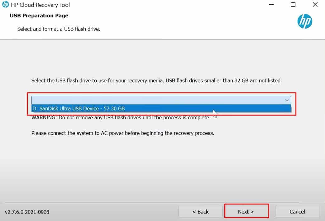 select USB drive hp cloud recovery