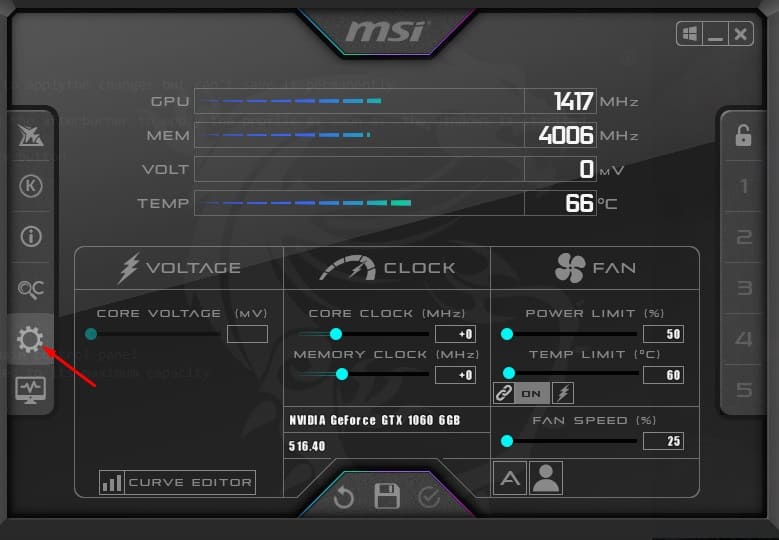 settings icon in msi afterburner