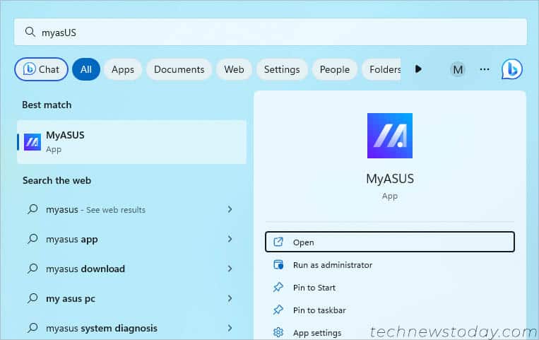 start menu myasus app