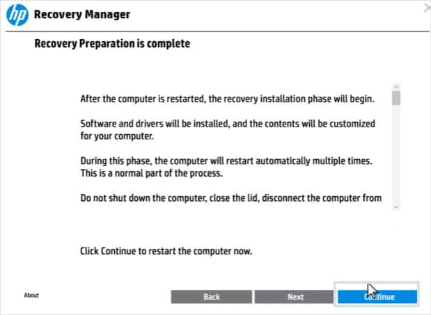 start recovery process factory reset