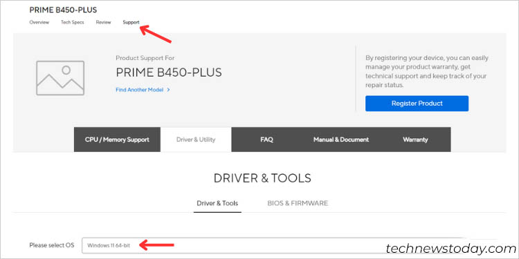 support page asus motherboard go to drivers and utilities and select os