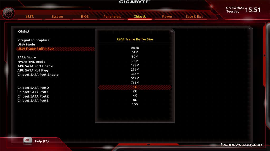 uma frame buffer size gigabyte