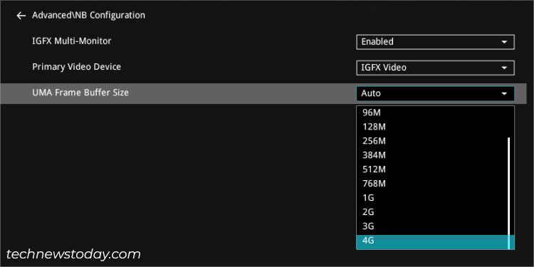 uma frame buffer size