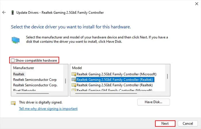 8 Ways to Fix Default Gateway is Not Available on Windows 9 update-driver-uncheck-show-compatible-hardware-next