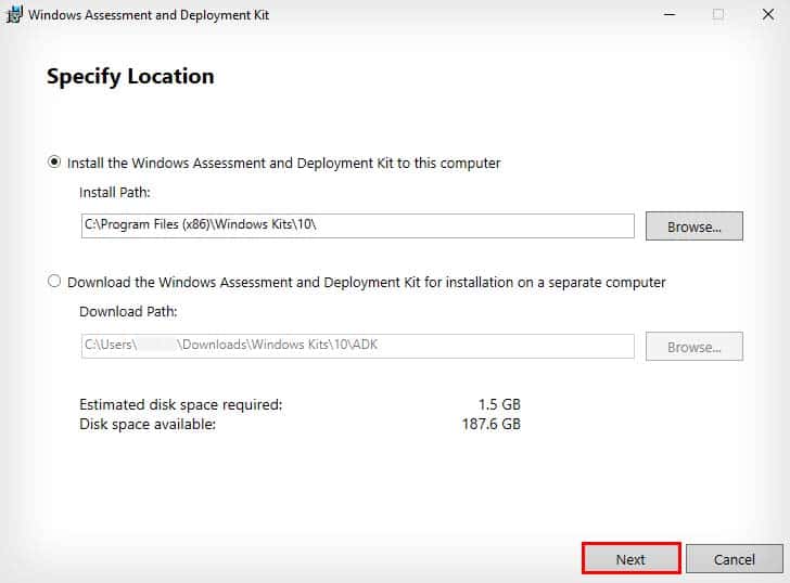 windows adk specify install location